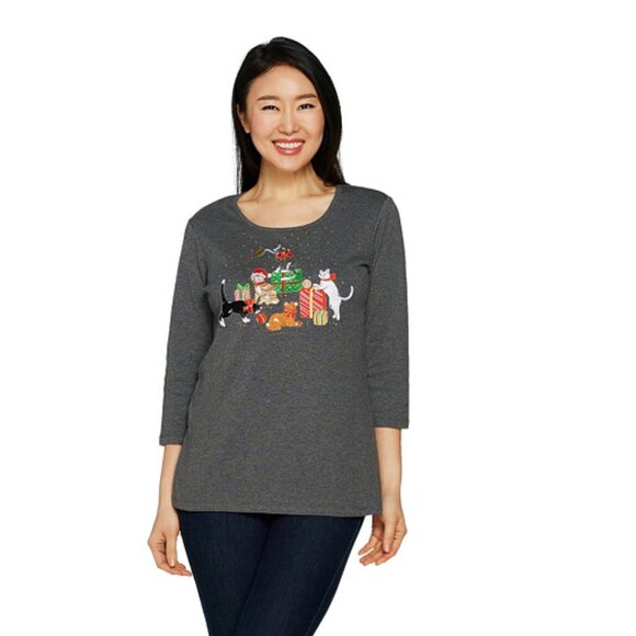 Quacker Factory Gray Holiday Cat Graphic Top with 3/4 Sleeves NWT - Picture 1 of 9